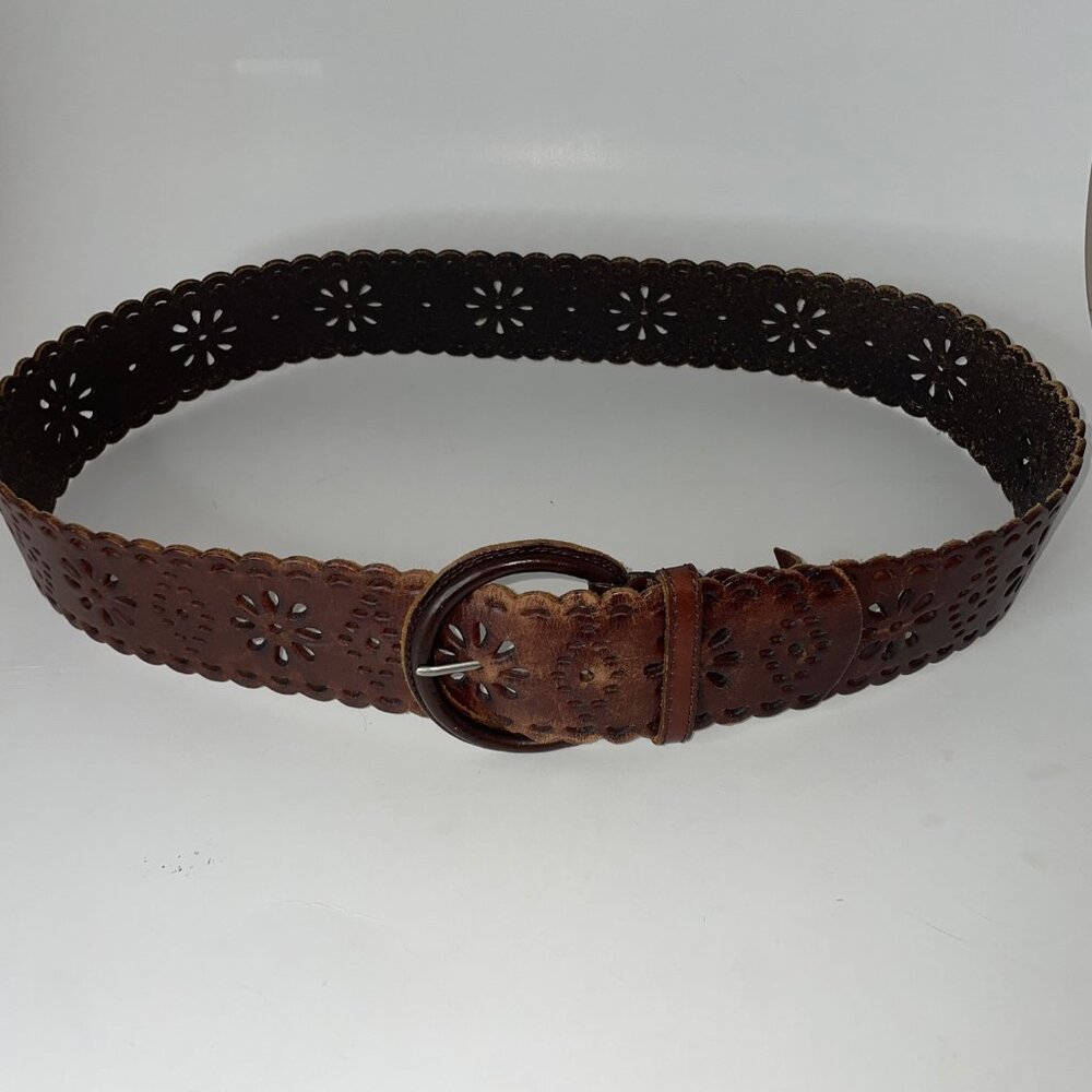 Via Spiga Brown Leather Belt Boho Cut-Out Design Size L Hippie Boho - Picture 7 of 8